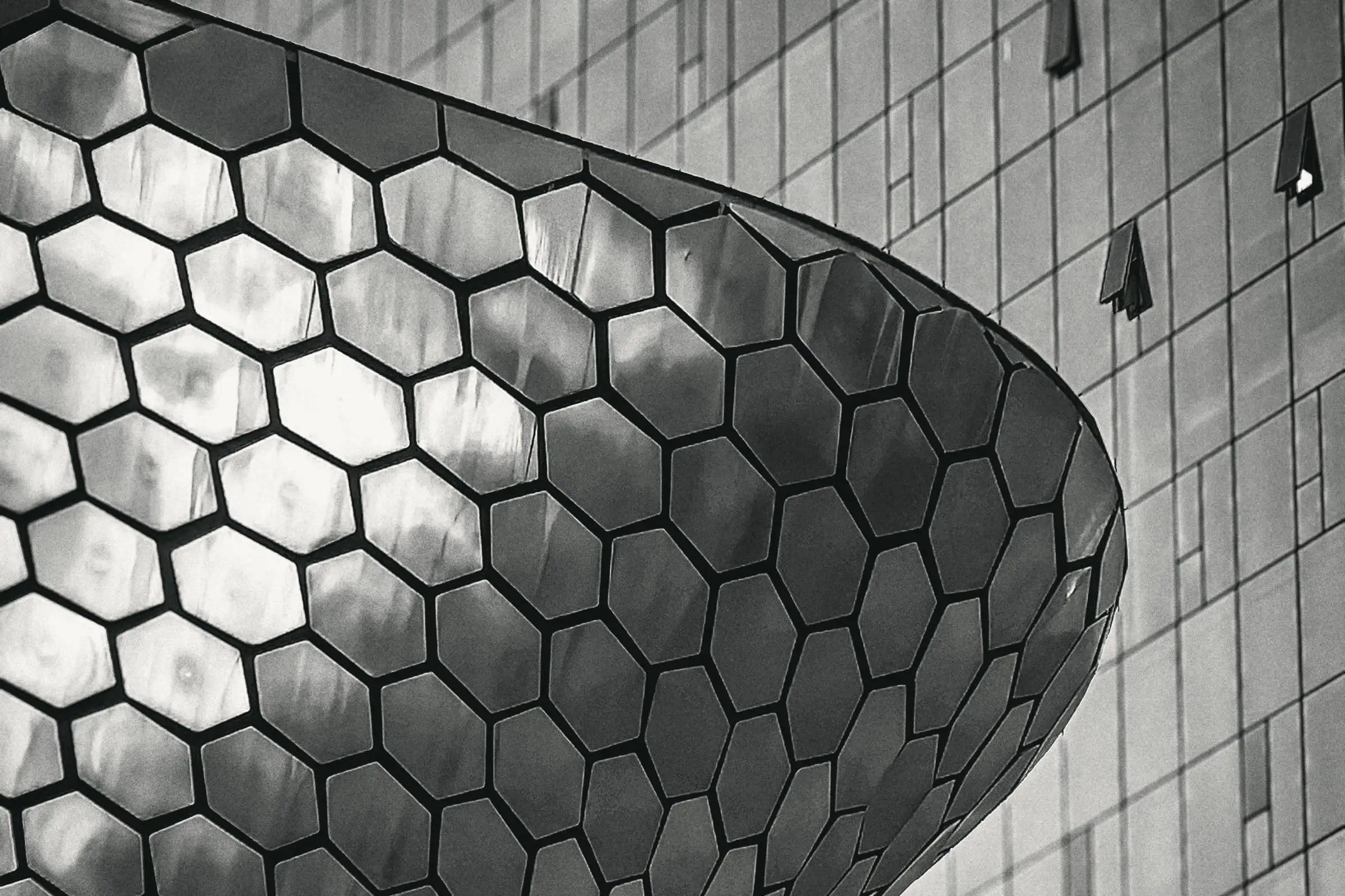 Curva del Museo Soumaya con su panel hexagonal, monocromo, contraste alto.